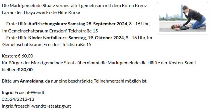 28.9. und 19.10. - Die Marktgemeinde Staatz bietet Erste-Hilfe-Kurse an